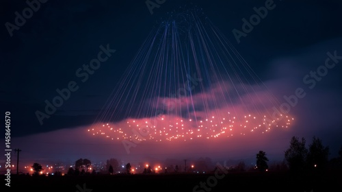 Mysterious lights pierce through a foggy night, resembling an eerie, unearthly display, evoking a sense of wonder and intrigue.