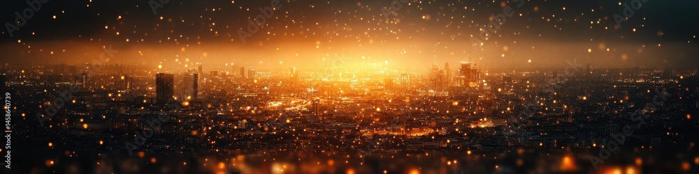 Fototapeta premium Glowing Cityscape at Night with Golden Lights and Sparkling Particles