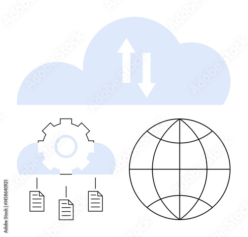 Cloud with arrows for uploaddownload, gear for technology, files for storage, globe for global network. Ideal for data sharing, technology, innovation, global access, IT services cloud platforms
