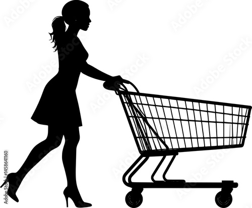 silhouette design of woman pushing shopping cart vector art illustration
