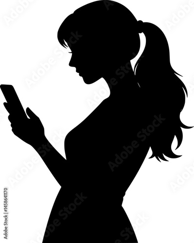 silhouette of a girl using a mobile phone vector art illustration
