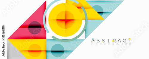 Bright geometric shapes overlap, creating modern abstract background. Yellow, pink, blue hues dominate composition. Clean design.