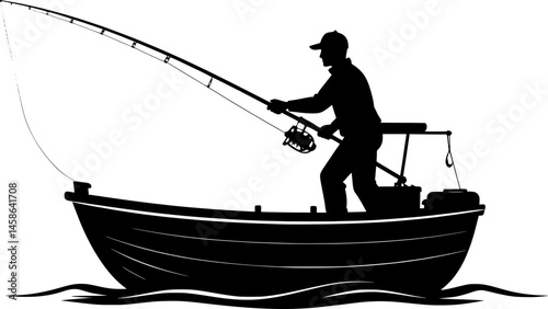 silhouette of a fisherman fishing on a boat vector art illustration isolated on transparent background.
