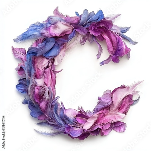 Colorful floral letter 'C' made of pink and purple petals on a white background