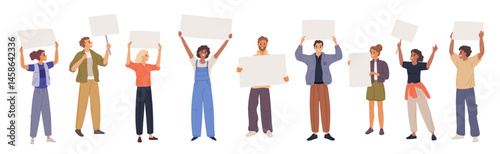 Protesters with placards. People fighting for their rights, men, women holding blank banners, manifestation with posters, cartoon flat isolated characters with empty billboard garish vector set