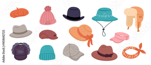 Cartoon man and woman headwear. Summer and winter trendy hats, earflaps, bowler, fashionable panama, sun and cold protection, knitted caps, vintage beret, isolated icons, garish vector set