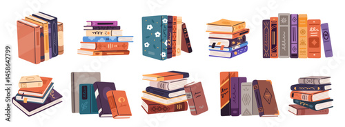 Book stacks. Textbooks and bestseller piles, literary publications, different covers, poetry, novels, detective stories. Fiction and science literature. Cartoon flat isolated garish vector set