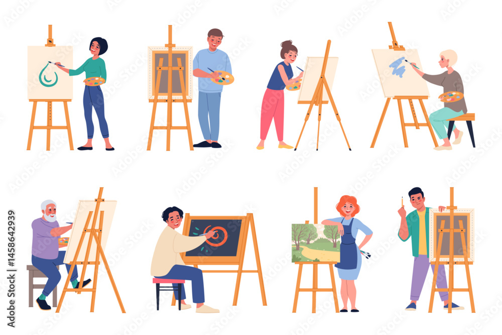 Artists with easels. Cartoon painters characters, men and women paint pictures on canvas, drawing workshop participants, hobby and occupation, isolated creative people, classy vector set Artists with easels. Cartoon painters characters, men and women paint pictures on canvas, drawing workshop participants, hobby and occupation, isolated creative people, classy vector set