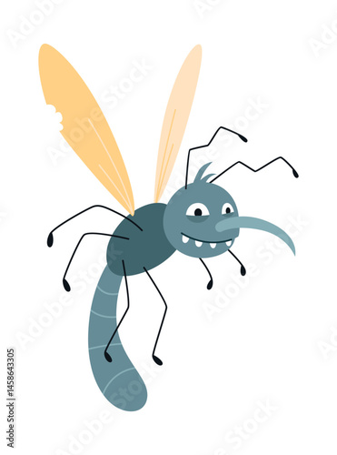 Cartoon mosquito, funny character. Bloodsucker insect, color flat icon. Cute mosquito isolated vector illustration