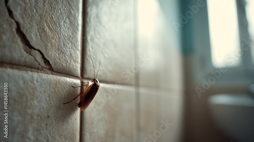 A solitary cockroach climbs a tiled bathroom wall, capturing the unsettling aura of an unexpected encounter.