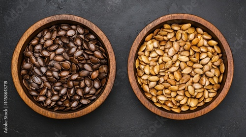 Roasted pumpkin seeds in wooden bowls overhead view