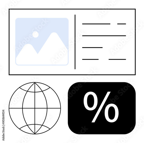 Placeholder image box with textual lines, a globe representing worldwide reach, and a percentage symbol denoting discounts or data. Ideal for marketing, analytics, sales, eCommerce, global business