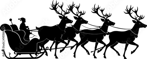 group of christmas reindeer with sleigh silhouette vector art illustration
