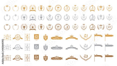 Gold Silver Bronze Ranking Badges Set – Awards, Medals, Laurel Wreaths, Ribbons, Shields, Trophies and Stars Vector Collection