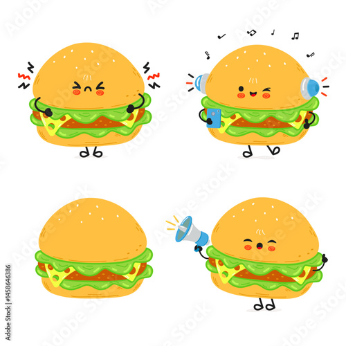 Whimsical cartoon Burgers express various emotions, from anger to musical joy with a touch of fun.