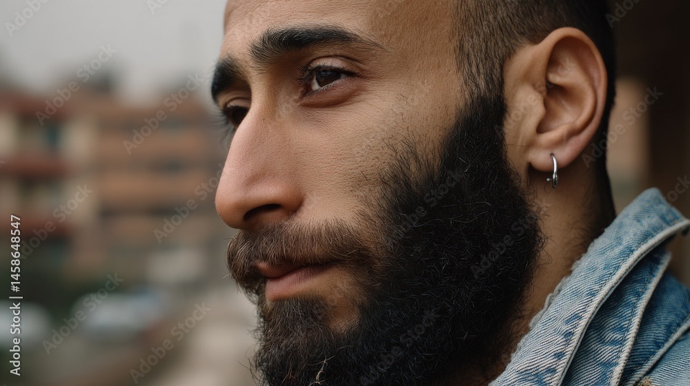 Obraz premium A thoughtful man gazes into the distance, his beard and earring adding character, against a softly blurred urban backdrop.