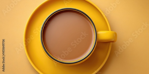 A top view of a steaming cup of coffee placed on a vibrant yellow saucer against an elegant yellow backdrop capturing a cozy vibe perfect for morning rituals and daily indulgence