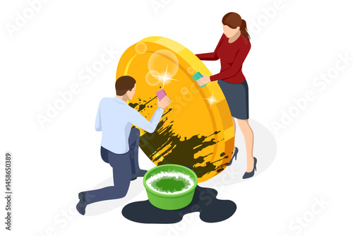 Isometric man hanging dollar bills on a line after washing them, representing the metaphor of money laundering and financial crime. AML Anti money laundering financial. Illegal money metaphor