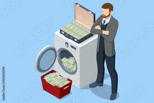 Isometric man hanging dollar bills on a line after washing them, representing the metaphor of money laundering and financial crime. AML Anti money laundering financial. Illegal money metaphor