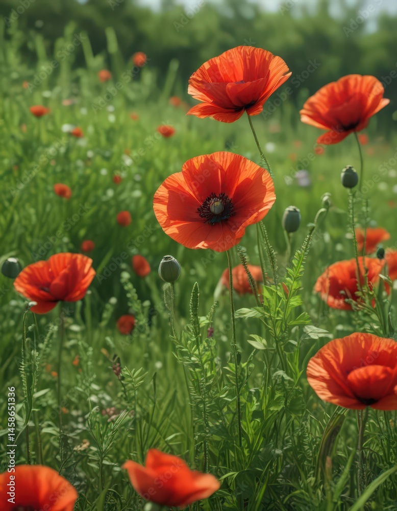 Fototapeta premium Close-up of red poppies amongst lush green grasses , flora, close-up, detail