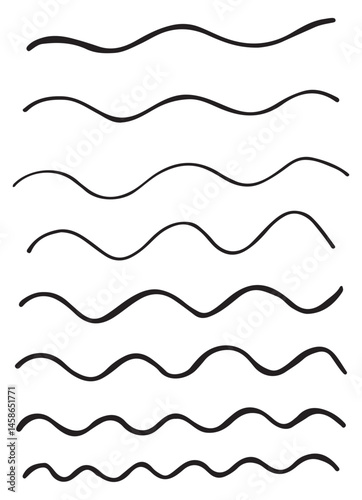 Hand drawn wavy lines of different thickness. Set of wavy lines. Curvy lines isolated on white background. Vector illustration.