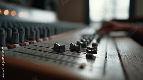 A hand adjusts a vintage audio mixer, each dial and knob a tactile connection to the analog sound of past eras.