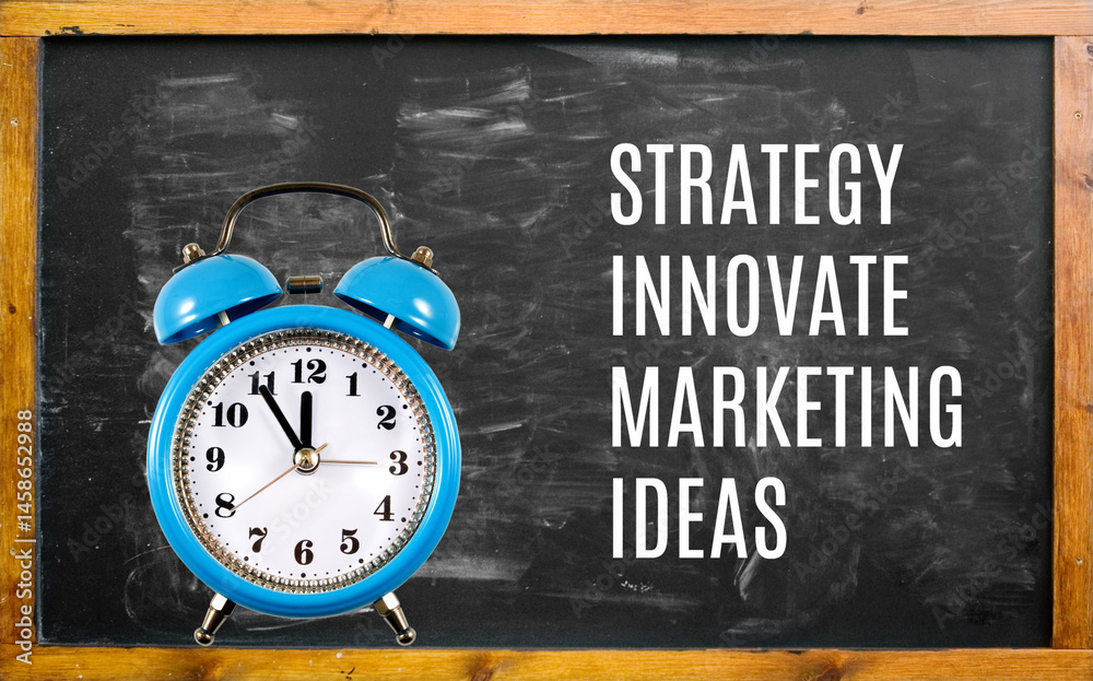 Creative marketing ideas and innovative strategies displayed on a blackboard with a classic blue alarm clock Creative marketing ideas and innovative strategies displayed on a blackboard with a classic blue alarm clock