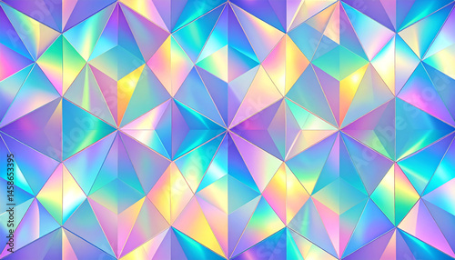 vibrant geometric pattern featuring holographic triangles with rainbow iridescent glow, creating mesmerizing abstract design that captivates viewer imagination