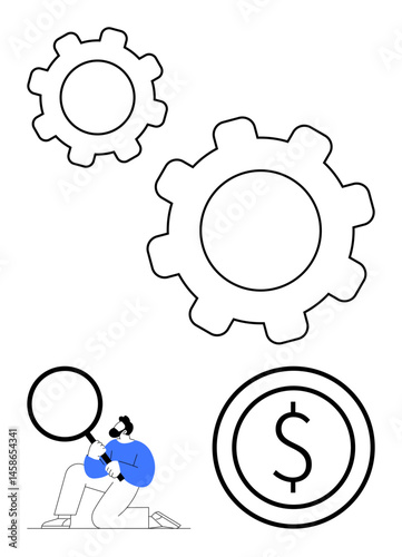 Man analyzing gear systems with magnifying glass, highlighting mechanical systems and financial efficiency. Ideal for finance, process optimization, technology, productivity, business strategy