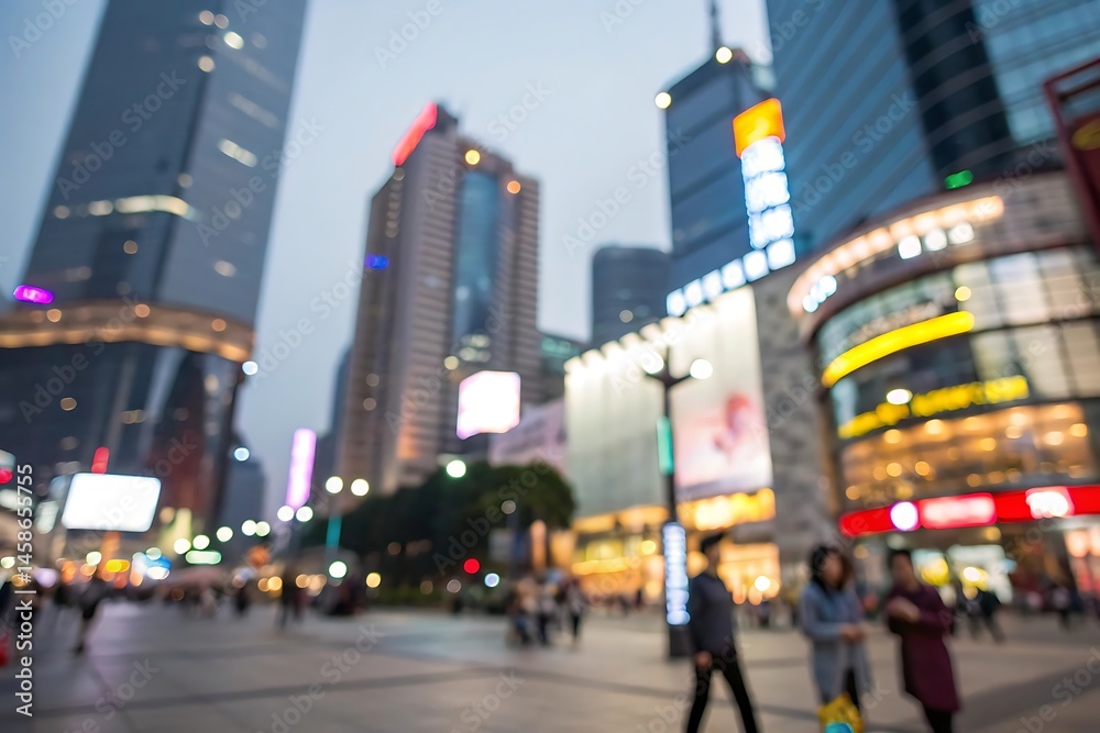Fototapeta premium Blurred city life action people walking in a vibrant skyscraper environment