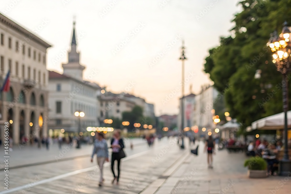 Naklejka premium Blurred evening stroll city square people walking urban environment warm glow