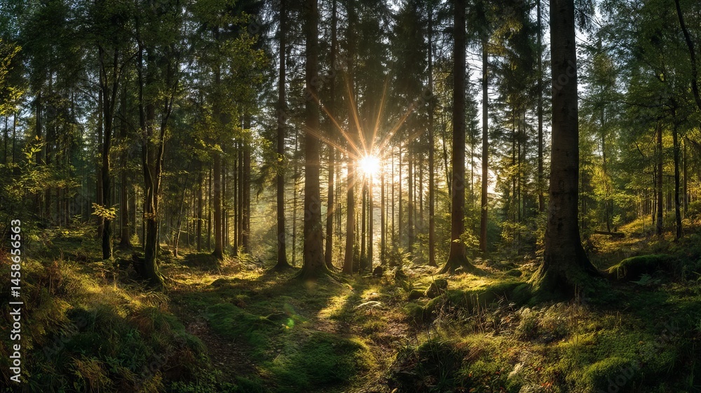 Obraz premium Sunbeams shining through panoramic forest landscape with tall trees