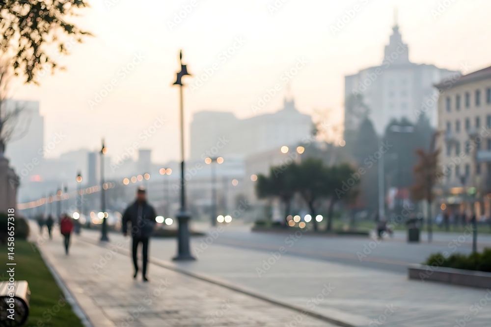 Obraz premium Morning strolls in a blurred urban landscape city center lifestyle photography soft background