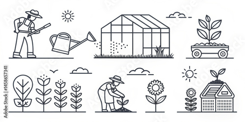 Vector icons set of a church with people illustration