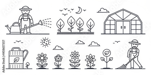 Vector icons set of a church with people illustration