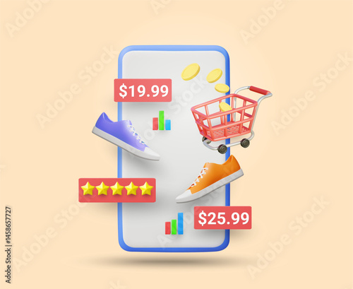 3D Illustration Vector Render of Mobile Online Shopping Screen Icon Showing Sneakers for Price Comparison with 5 Star Sign, Shopping Cart and Coins. Concept of Shopping, Quality Review and Payment.