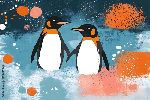 Two penguins holding hands, winter scene
