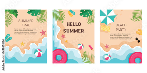 Hello summer beach clipart poster set. Summer greeting text in seaside beach background clip art for sunny day postcard template collection with tropical elements,  vector illustration.