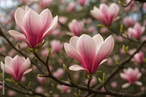 Vibrant pink magnolia blossoms flourish.