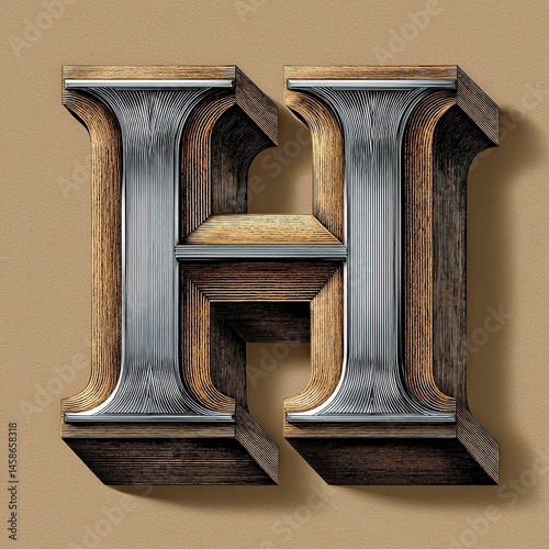 Modern 3D metallic and wooden letter 