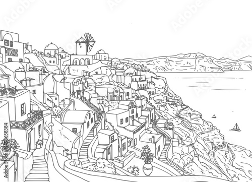 Santorini landscape coloring page drawing illustration for adult