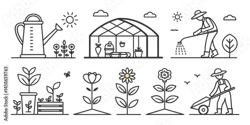 Vector illustration set of old houses and farms with various home, dog, and tree icons in a black sketch design