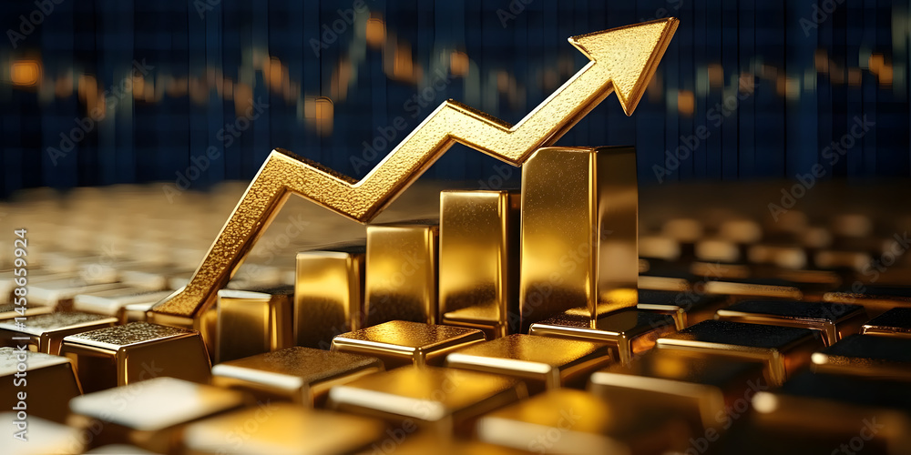 A golden bar graph with arrow pointing upward, depicting a rise in gold prices