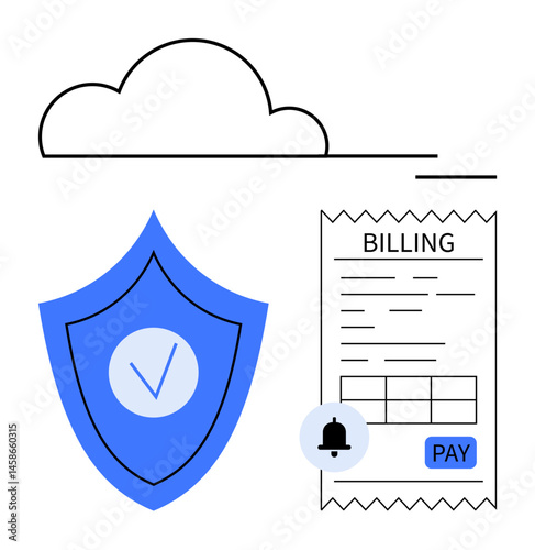 Cloud icon, shield with checkmark, billing receipt, payment button, and notification. Ideal for finance, technology, online shopping, payment security cloud services IT solutions simple landing