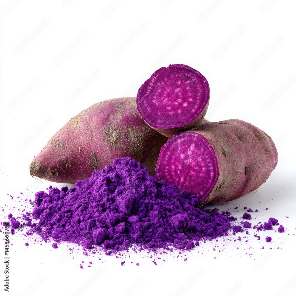 Purple Sweet Potatoes and Powder: Food Photography on White Background Purple Sweet Potatoes and Powder: Food Photography on White Background