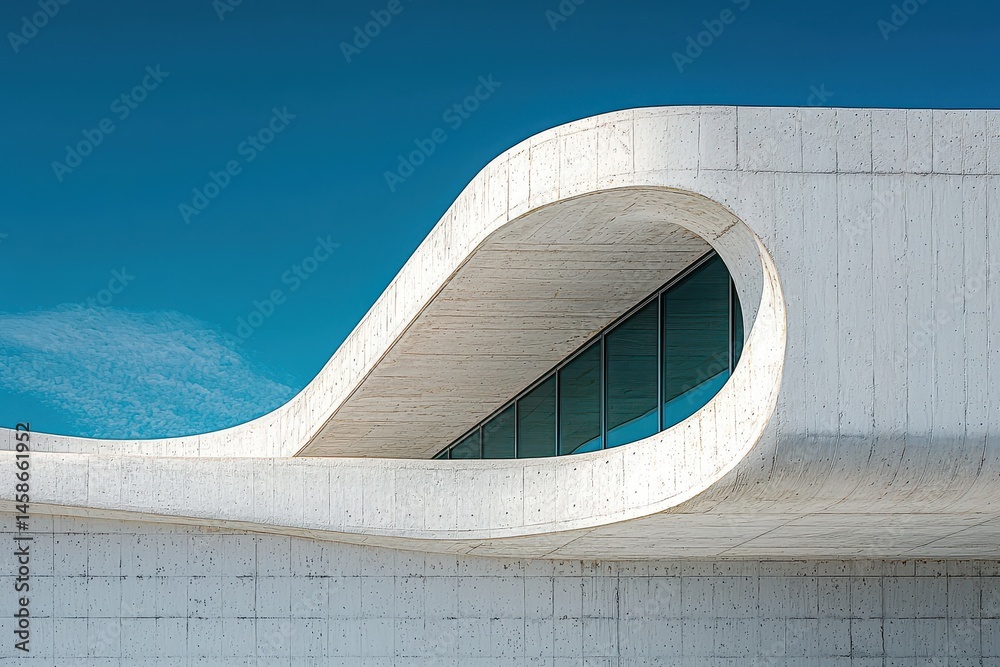 Fototapeta premium Modern Architectural Design Featuring Curved Concrete Structure with Glass Windows Against a Clear Blue Sky