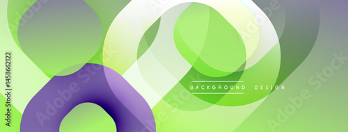 Abstract shapes overlap, creating vibrant green, purple hues. Modern design feels fresh, dynamic, suitable backgrounds.