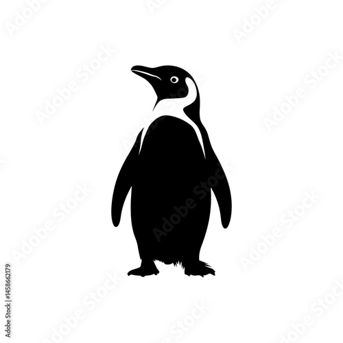 Black and white silhouette of a standing penguin looking upward