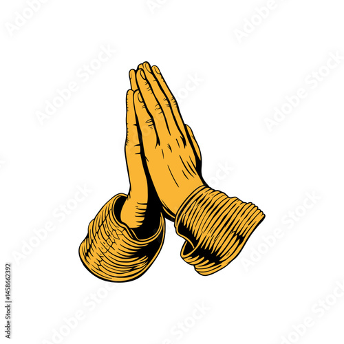 Stylized yellow hands folded in a gesture of worship or hope