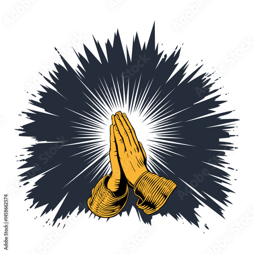 Clasped hands in prayer, illuminated by radiating light against a dark burst background